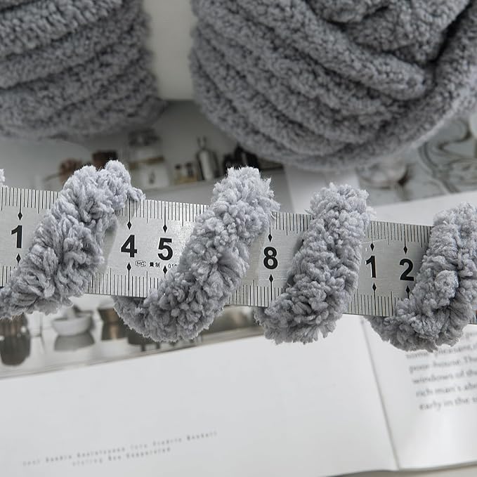 HOMBYS Grey Chunky Chenille Yarn for Hand Knitting,Fluffy Soft Jumbo Yarn Crocheting,Super Bulky Big Yarn for Chunky Blanket,Large Thick Arm Knitting Yarn,8 Pack Plush Fuzzy Yarn