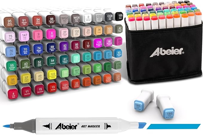 ABEIER 60 Colors Alcohol Markers Set, Dual Tips Blender Art Marker for Drawing, Permanent Sketch Markers for adult coloring, Alcohol Based, Adults Coloring and Artist Illustration.(BRUSH TIP)