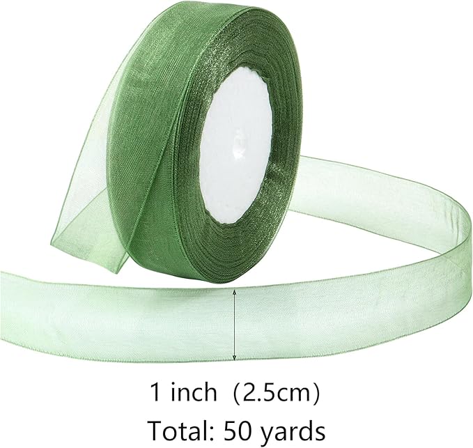 Sage Green Ribbon for Gift Wrapping 1 inch Sheer Organza Ribbon for Flower Bouquet Tulle Thin Chiffon Ribbons for Wedding Invitations Presents Decorations Crafts 50 Yards