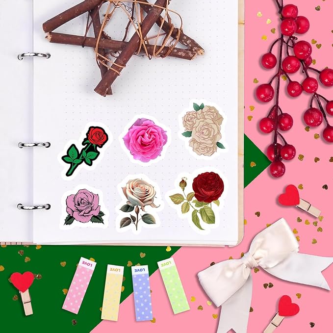 BulbaCraft Rose Stickers for Water Bottle and Laptop - Rose Party Supplies & Decorations, Waterproof Vinyl Decals, Flower and Botanical Stickers, Gifts for Women & Men