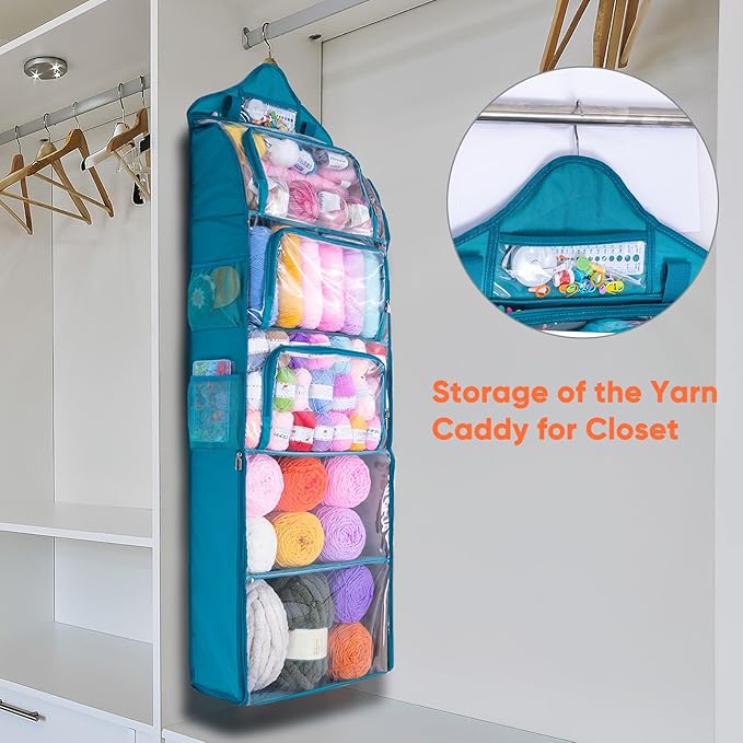 MYBAGZING Hanging Yarn Storage Organizer –Over-The-Door Crochet Organizer with Both Front and Side Zipper Closure -Large Capacity Clear Yarn Holder for Crochet Hooks, Knitting Needles & Accessories