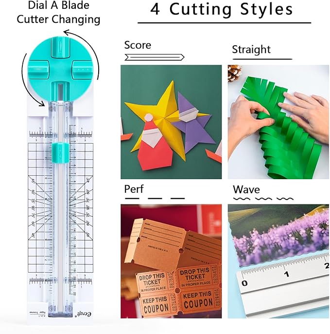 Paper Trimmer Craft Paper Cutter: 4 Style Multi-Function Scrapbooking Tool with Dial Blades of Straight,Wave,Dotted,Perforated,Creasing for Cutting Paper,Coupons,Photos,Postcards,Scrapbook,Card