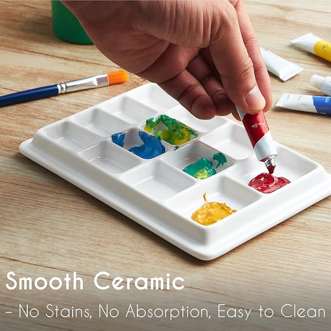 Ceramic Paint Palette with Lid,13-Well Porcelain Watercolor Mixing Tray for Acrylic, Oil, Gouache & Watercolor Paints, White Porcelain Palette with Plastic Cover
