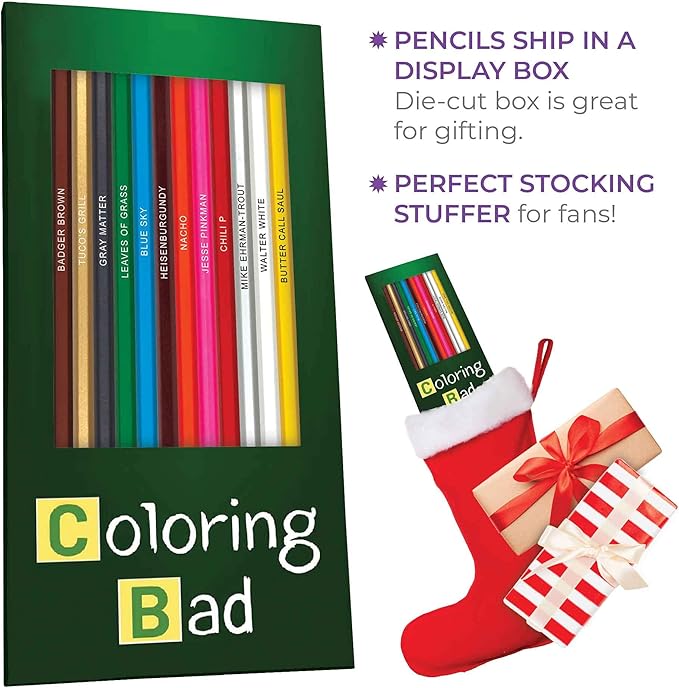 Coloring Bad Colored Pencil Set for Fans of Breaking Bad | Set of 12 Breaking Bad-Inspired Parody Pencils | Each Color Pencil is Foil-Stamped with Clever Show References | Great Gift for Fans