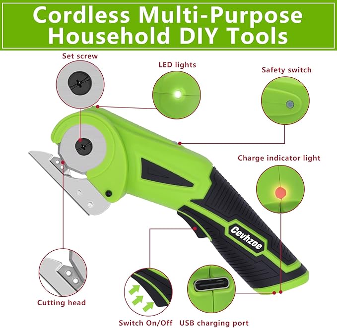 Cordless Electric Scissors, 4V Rechargeable Mini Cardboard Cutter, with Charger Safety Lock Electric Box Rotary Cutter for Leather Carpet Plastic Cutting Sewing Crafting