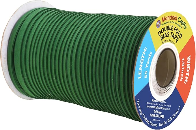 Mandala Crafts 55 Yards 1/4 Inch Dark Green Double Fold Bias Tape for Sewing - Bias Binding Tape for Quilting Binding, Hemming, Seam, and Fabric Piping