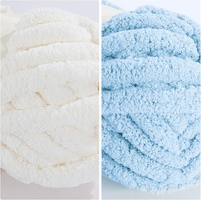 HOMBYS 8 Pack Assorted Chunky Yarn for Crocheting,Super Bulky Large Soft Fluffy Yarn,Plush Fuzzy Yarn,Thick Chenille Yarn for Hand Knitting/Arm Knitting,4 Cream & 4 Sky Blue(27yds,8 oz Each Skein)