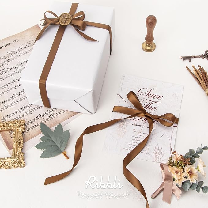 Ribbli Turftan Brown Satin Ribbon Double Faced Satin 1/2 inch x Continuous 50 Yards- Light Brown Ribbon for Gift Wrapping Crafts Wedding Decoration Bows Bouquet Floral Arrangement
