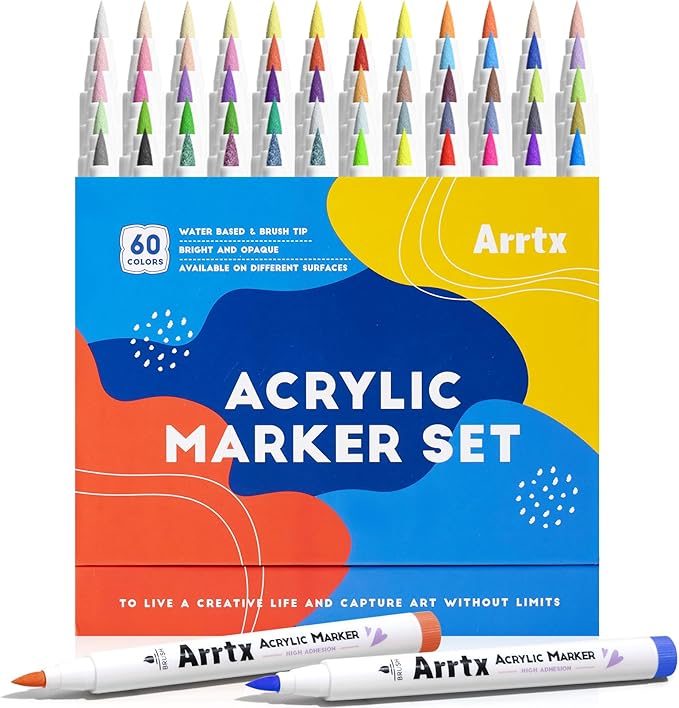 Arrtx Acrylic Paint Pens 60A,Brush Tip Acrylic Markers Set for Rock Painting,Glass,Stone,Wood,Ceramic Fabric