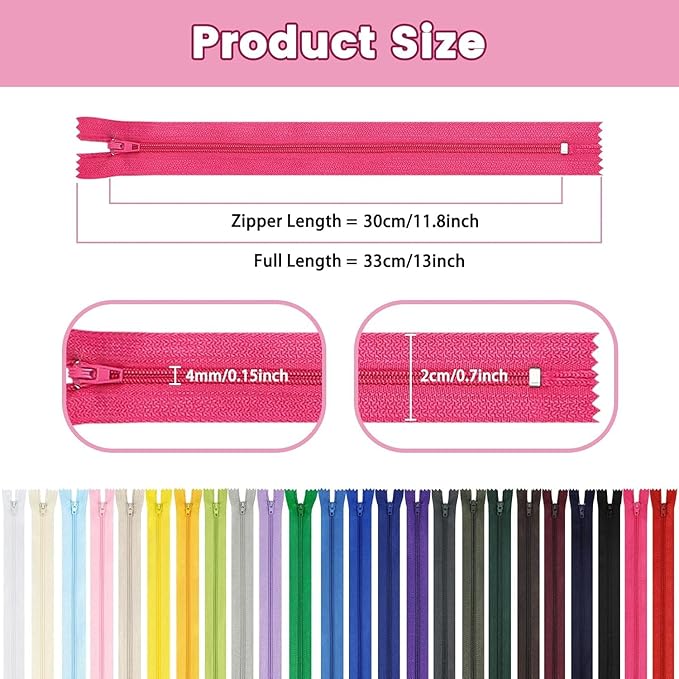 12 Inch Zippers, DOITEM 48 pcs 30cm/12 Inch Zippers for Sewing Multicolor Nylon Coil Zipper for Sewing and Crafts 24 Colors