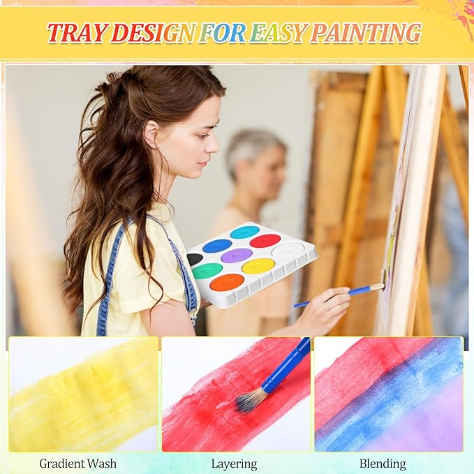 Nuanchu Tempera Paint Cakes 9 Assorted Colors Tempera Paint Set with Tray Brush Washable Draw Tray Palette Non Toxic Art Supplies for Painting Crafts Projects Back to Home Creative Party Favor