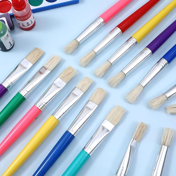 64Pcs Paint Brushes, Paint Brushes with Bristle, Round & Flat Paintbrushes, Easy Hold and Clean Toddler Paintbrushes, Big Washable Chubby Painting Brush for Acrylic Oil Watercolor Gouache