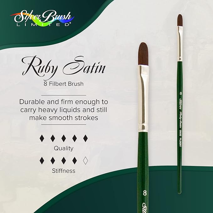 Silver Brush Limited 2503S8 Ruby Satin Filbert Brush for Fluid and Flow Acrylics, Size 8, Short Handle