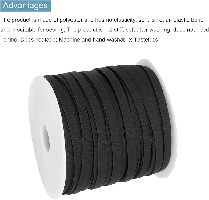 MECCANIXITY 1/4 Inch Double Fold Bias Tape Polyester Continuous Bulk Bias Tape for Sewing,Seaming Quilting Hemming Binding Crafts (Black 55 Yards)
