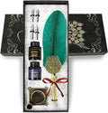Quill pen ink set,Feather Pen and Ink Set,Antique Calligraphy Pen with 4 Replaceable Nibs,2 Bottle of ink,Feather Dip Pen Holder Christmas Gift for Men&Women.(Green)
