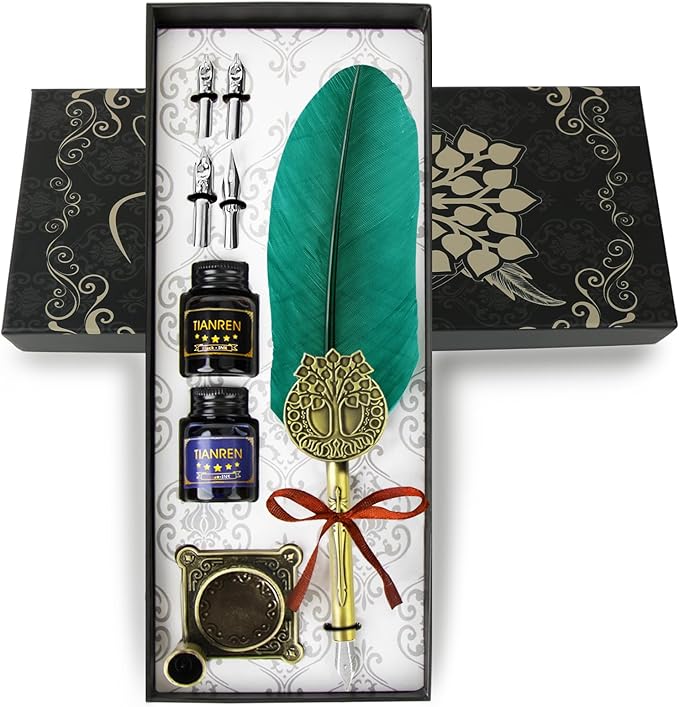 Quill pen ink set,Feather Pen and Ink Set,Antique Calligraphy Pen with 4 Replaceable Nibs,2 Bottle of ink,Feather Dip Pen Holder Christmas Gift for Men&Women.(Green)