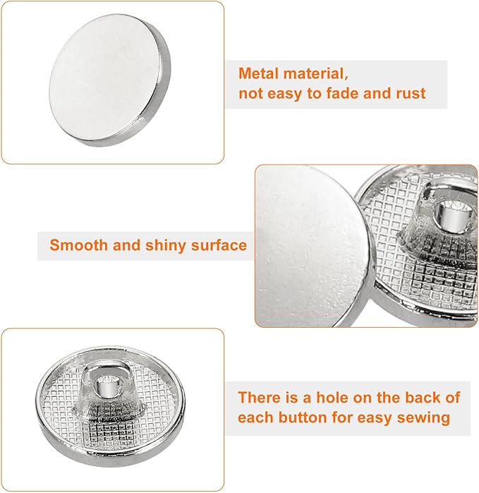 HARFINGTON 50pcs 20L Metal Round Flat Sewing Buttons 12mm Alloy Shank Craft Replacement Button for Men Women Suit Woolen Coat Shirt Trousers Sewing Crafts, Silver Tone