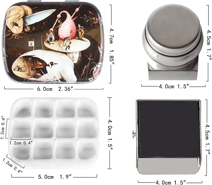 Portable Mini Tin Box,12-Well Empty Watercolor Palette,Small Paint Storage Travel Artist Outdoor Sketch Watercolor Kits with Magnetic Clip and Oil Pot.Bosch Hell