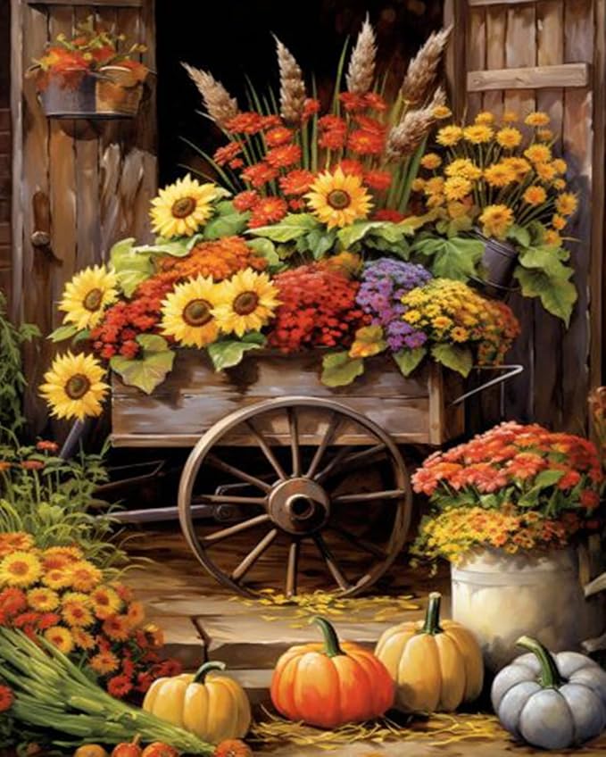 Tucocoo Colorful Flowers Float Paint by Number Rural Fall Harvest Scenery DIY Painting on Canvas with Brushes Acrylic Paints Paint by Numbers for Adults and Kids Beginner 16x20 Inch（DIY Frame）