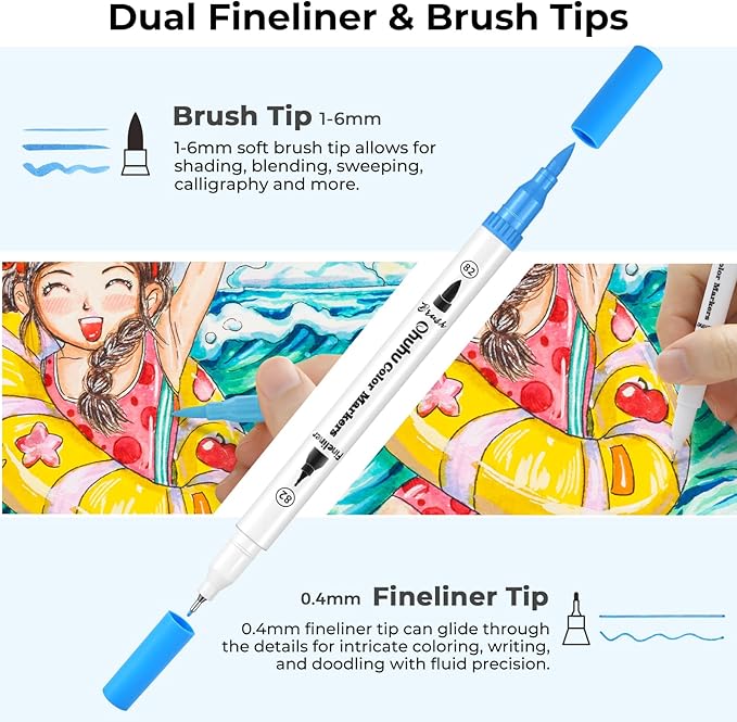 Ohuhu Markers for Adult Coloring Books No Bleeding 60 Colors Coloring Markers Water-based Dual Tips Fineliner & Brush Drawing Pens Art Pens for Kids Adults Sketch Journal - Maui - White