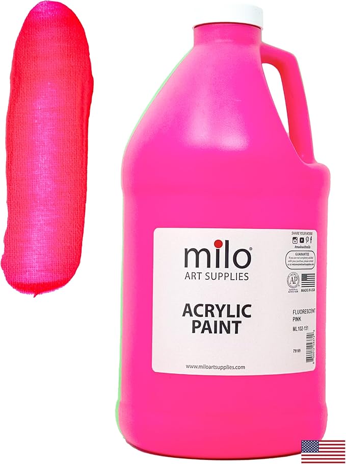 milo Fluorescent Pink Neon Acrylic Paint | 64 oz Bottle Half Gallon | Glows UV in Black Light | Non-Toxic Made in USA | Bulk Art Paint for Party, Student, Classroom, Artist