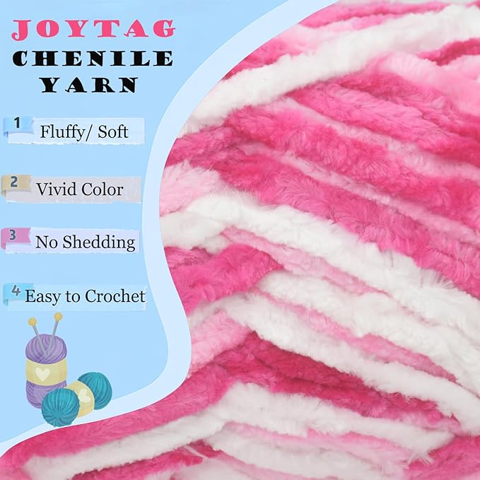 Velvet Chenille Yarn for Crocheting Pink Tone Fluffy Plush Thick Bulky Chunky Chenille Velvet Soft Baby Blanket Yarn for Crocheting Hand Knitting 100g-Pink Tone