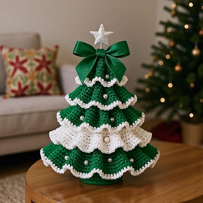 DIY Crochet Christmas Tree Kit – Handmade Holiday Decoration Set,Parent-child activities craft kit,Tree Bow Pearl Embellishment,Cross-stitch by hand,Festive decorations (Multicolour) (Red & White)