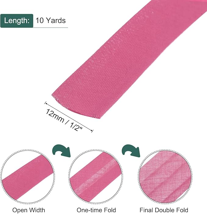 MECCANIXITY 1/2 Inch Double Fold Bias Tape Polyester Continuous Bulk Bias Tape for Sewing,Seaming Quilting Hemming Binding Crafts (Rose Red 10 Yards)