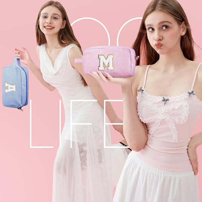 YOOLIFE Teen Girls Makeup Bag - Monogram Makeup Bags Cosmetic Toiletry Pouch Make Up Case for Women Her Best Friend Friendship Sister Teacher, Personalized Birthday Gifts for Women, Blue Y