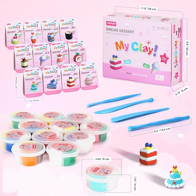 Air Dry Clay Kit, Modeling Magic Clay for Kids,12 Desserts DIY Sculpting Set, Ultra Light & Soft, Safe Art Crafts Set for School Projects, Home Crafts,Party Activities, Gifts for Boys & Girls