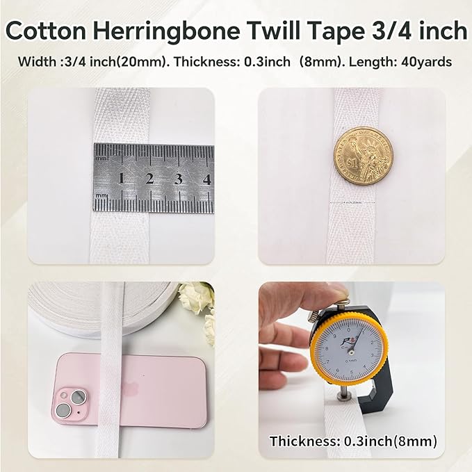 White Herringbone Twill Tape Ribbon 3/4 inch for Sewing,Ties,Gift Wrapping Home Deco - 40 Yards Natural Fabric Cotton Webbing Straps- Bias Binding Tape for Handles, Hoodie, DIY Crafts &Projects