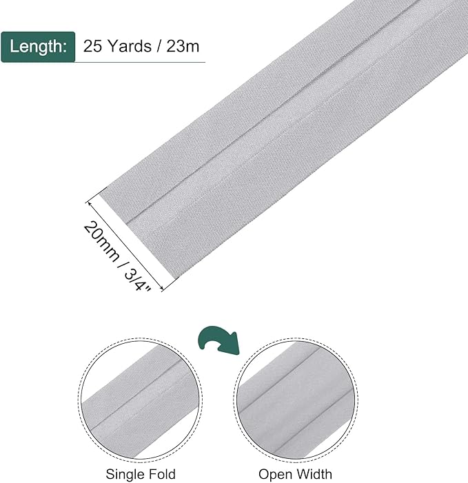 MECCANIXITY 3/4 Inch Single Fold Bias Tape Cotton Continuous Bulk Bias Tape for Sewing, Seaming Quilting Hemming Binding Crafts (White Gray 25 Yards)