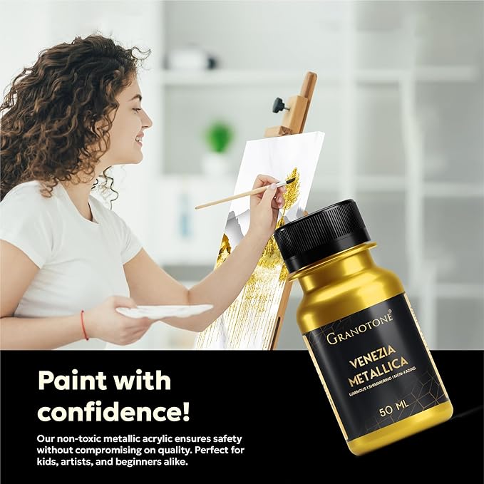 GRANOTONE Acrylic Venezia Metallic Gold Paint 1.69 fl oz Shimmering Non Fading 50 ml Colour Rich Pigments Non Toxic for Kids Artists and Beginners Made in India