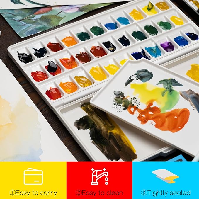 MEEDEN Watercolor Palette with Lid: 33 Wells Airtight Folding Paint Palette with Large Mixing Tray - Empty Acrylic Painting Art Pallet 12.5''x 6.5'' Black