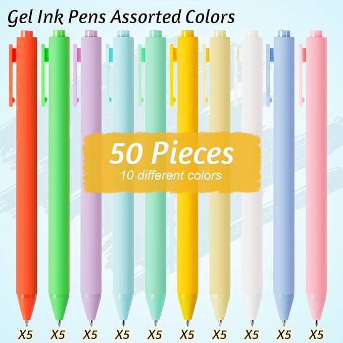 Crtiin 50 Pcs Gel Ink Pens Bulk, Black Ink 0.5mm Fine Point Retractable Pen Smooth Writing Office Supplies for Teacher Server Nurse Christmas Charity Donation Valentine (Macaron)