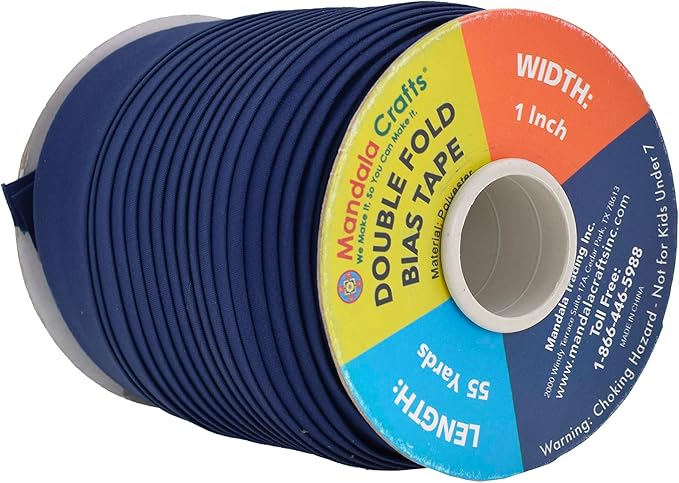Mandala Crafts 55 Yards 1 Inch Navy Blue Double Fold Bias Tape for Sewing - Bias Binding Tape for Quilting Binding, Hemming, Seam, and Fabric Piping