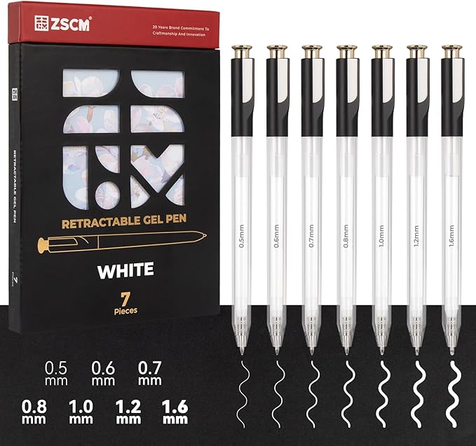 Retractable White Gel Pen, 7 Nib Sizes - Precision Large Capacity Opaque White Archival Gel Ink Pens, Fine Point Smooth Writing Highlighter Pens for Black Paper Note Taking Aesthetic Art Supplies