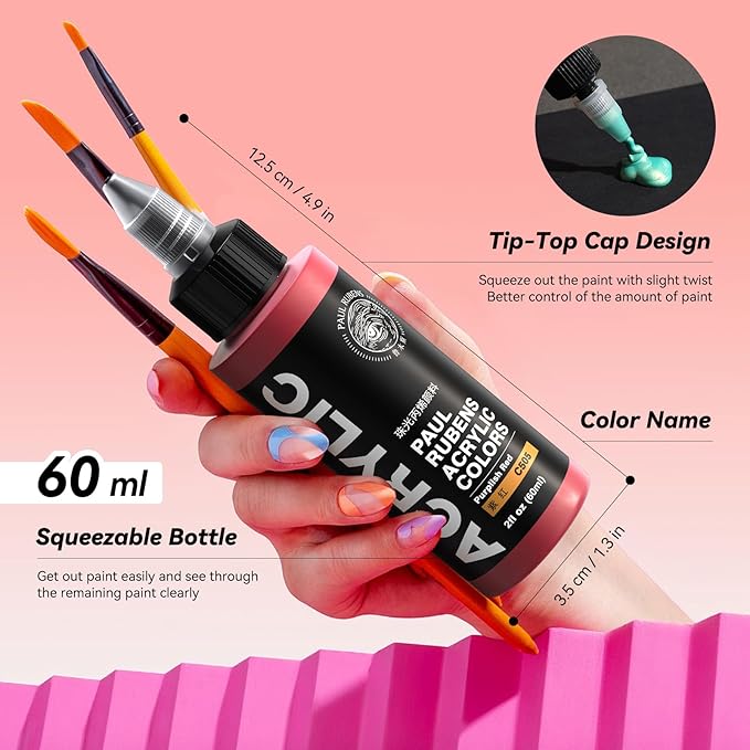 Paul Rubens Acrylic Paint, 12 Colors Metallic Acrylic Paint Set A, 2oz/60ml Bottles, Rich Pigments, Strong Coverage Acrylic Paints For Adults, Artists, Beginners On Canvas Rocks Wood Ceramic Fabric
