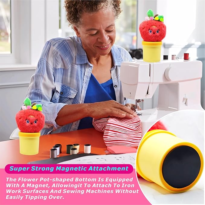 Strawberry Pin Cushion Sewing Tool Set with Magnetic Storage, Including 50 Cute Flowers Needles, Threader, Thimble ＆Tape Measure, Pin Holder for Sewing DesksApplique & Patchwork Crafter.