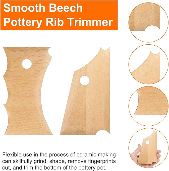 HARFINGTON 2pcs Pottery Ribs Trimming Tools Beech Pottery Profile Foot Big Wave Shaper Design Texture Rib Beech Wood for Carving Ceramics Clay