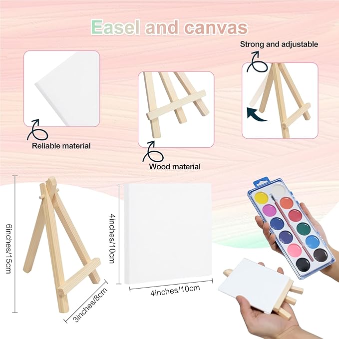 120 Pieces Mini Watercolor Paint Set with Canvases, Wooden Easels, Tote Bags, Palettes, Aprons, 12 Colors Paints for Kids Art, Beginner Painting Kit, Gifts Supplies