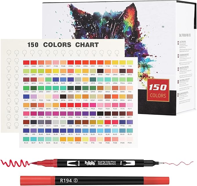 hhhouu 150 Colors Dual Tip Brush Pens Art Markers Set, Fine Tip Markers for Adult Coloring, Bullet Journals, Drawing, Lettering Calligraphy HO-150B