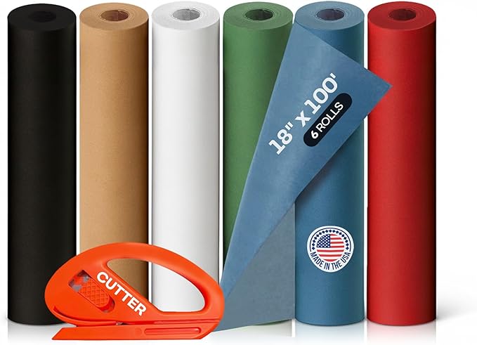 Assorted Colors Construction Paper with Cutter, Set of 6 Rolls 18" x 1200" (100 ft) - USA-Made Natural Multi-Color Paper for Gift Wrapping, Kids' Arts & Crafts, School & DIY Projects by IDL Packaging