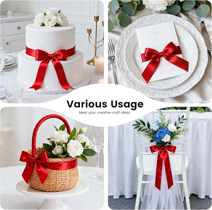 100 Yards 1-1/2 Inch Red Satin Ribbon, Single Face Fabric Ribbon for Gift Wrapping, Wedding, Birthday Party, Christmas Decoration, Craft, Hair, Floral, Sewing