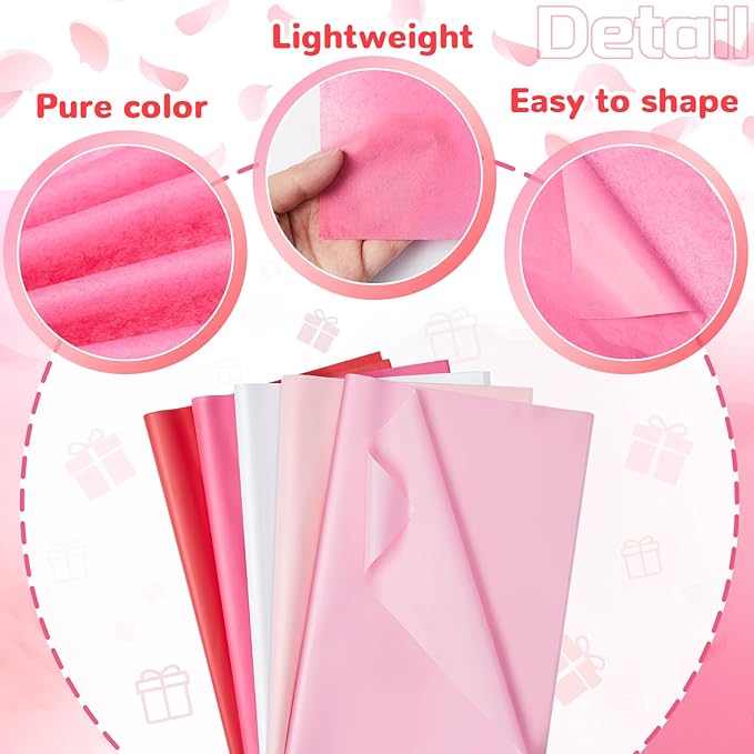 Qilery 500 Sheets Valentine's Day Pink White Tissue Paper Bulk for Gift Bags 15 x 20 Inch Acid Free Packaging Wrapping Paper Sheets for Valentine's Day Wedding Decoration DIY Flowers, Pom Poms Crafts
