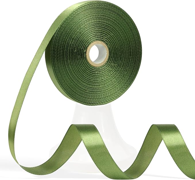 60 Yards Olive Green Satin Ribbon 5/8 Inch, Solid Polyester Fabric Ribbon for Gift Wrapping, Crafts, Flower Bouquet, Wedding, Baby Shower, Festival, Christmas, Halloween