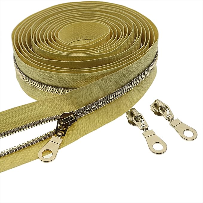 #5 Gold Metallic Nylon Coil Zippers by Yard Bulk Coil Zipper Roll 10 Yards with 25pcs Silver Pull for DIY Sewing Craft Bag(Yellow) YIGUANXIN