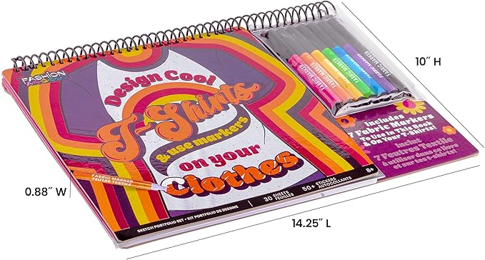 Fashion Angels T-Shirt Design Sketch Portfolio, Includes Stencils, Sketch Pages & Fabric Markers, DIY Fashion Design Kit for Kids & Teens