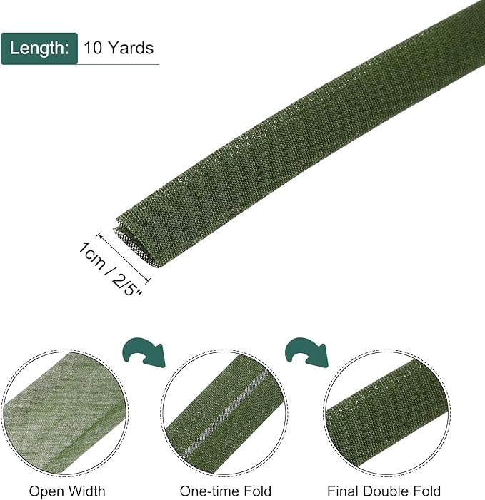 MECCANIXITY 2/5 Inch Double Fold Bias Tape Polyester Continuous Bulk Bias Tape for Sewing,Seaming Quilting Hemming Binding Crafts (Army Green 10 Yards)