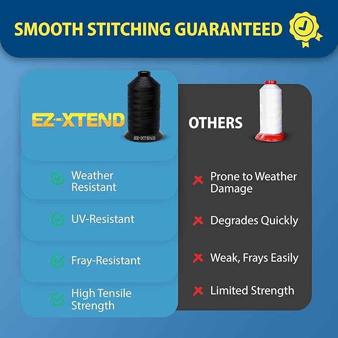 EZ-Xtend #138 Bonded Polyester Thread 100% American Made for Outdoor and Marine Fabric Sewing Applications, Awnings, Tarps, Canvas. for Heavy Duty and Industrial Sewing Machines (Black, 8 oz)